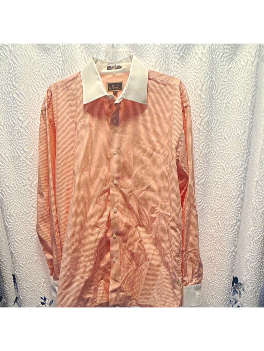 James Tattersall Classic Fit Peach/White Striped Cotton Dress Shirt 16.5 34/35